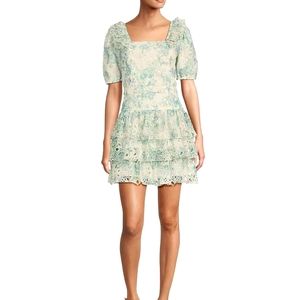 Adelyn RaePrinted Eyelet Lace Square Neckline Short Puff Sleeve Mini Dress